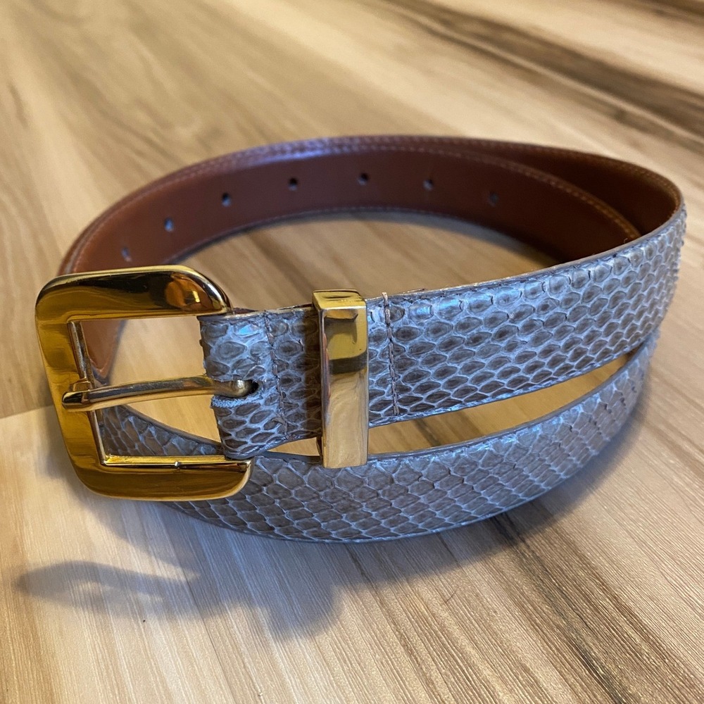 Jana Vintage Genuine Snakeskin Belt Gold Tone Buckle Gray Tan Leather Lining L